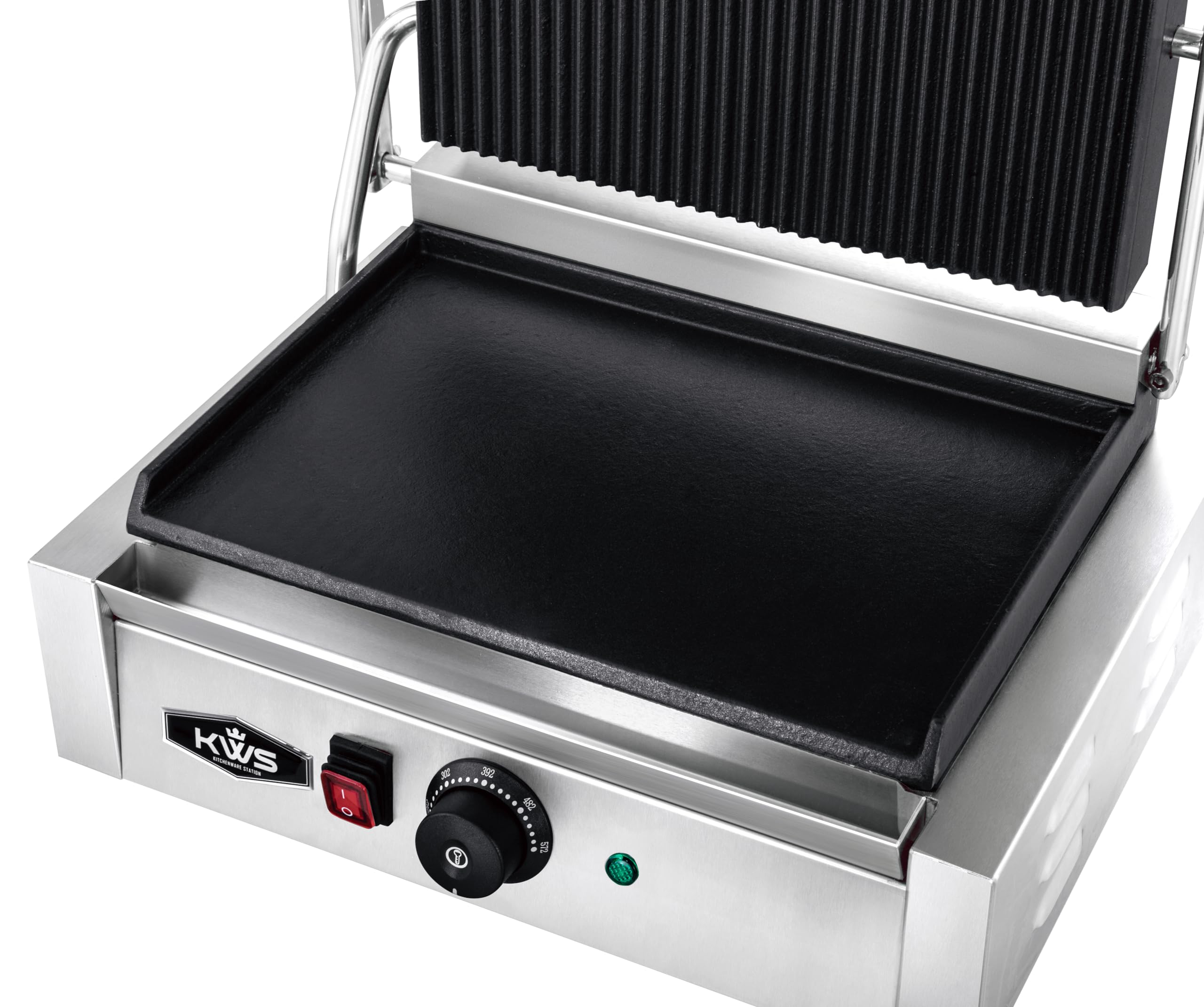 KWS PFM-17 - Prensa eléctrica Panini de 1700 W con parte superior ranurada y parte inferior lisa, superficie de cocción de 13.5 x 9.25 pulgadas 3