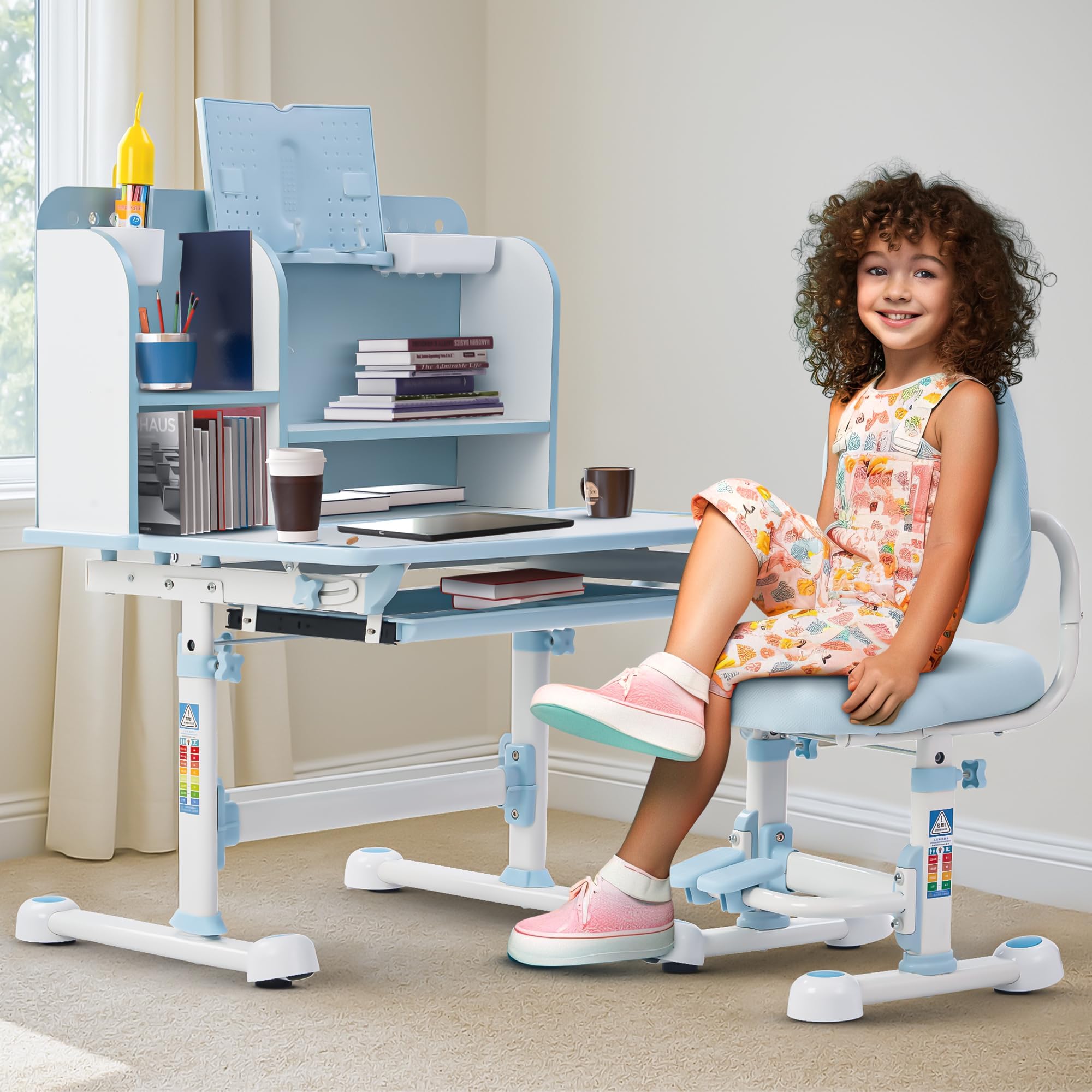BAYBEE Kids Study Table & Chair Set for 2+ Years Height Adjustable Ergonomic Desk with Book Holder, Storage Drawer, Footrest & Angle-Adjustable Kids Table (Blue)-image-25