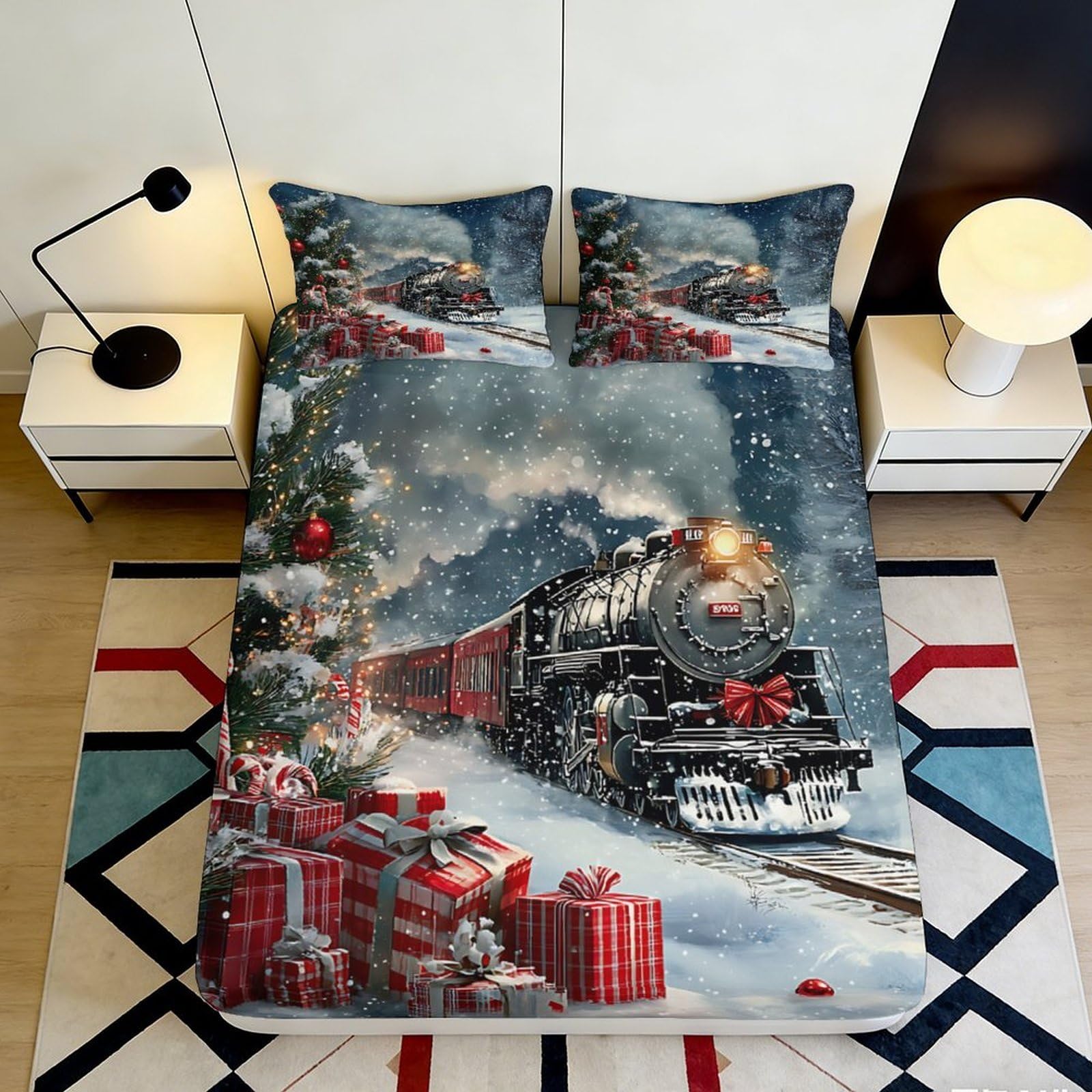 3D Printed Christmas Train Fitted Sheet Microfiber Soft Snowy Night Bed Cover for Bedroom Guest Room Decor 116 140x200x25cm