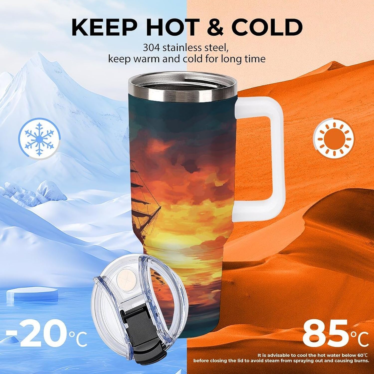 A Sailing Boat on The Water Travel Coffee Mug Reusable Durable Stainless Steel Insulated Tumbler with Handle And Straw Leak Resistant Portable Thermal Cup Gifts for Men Women 40 Oz