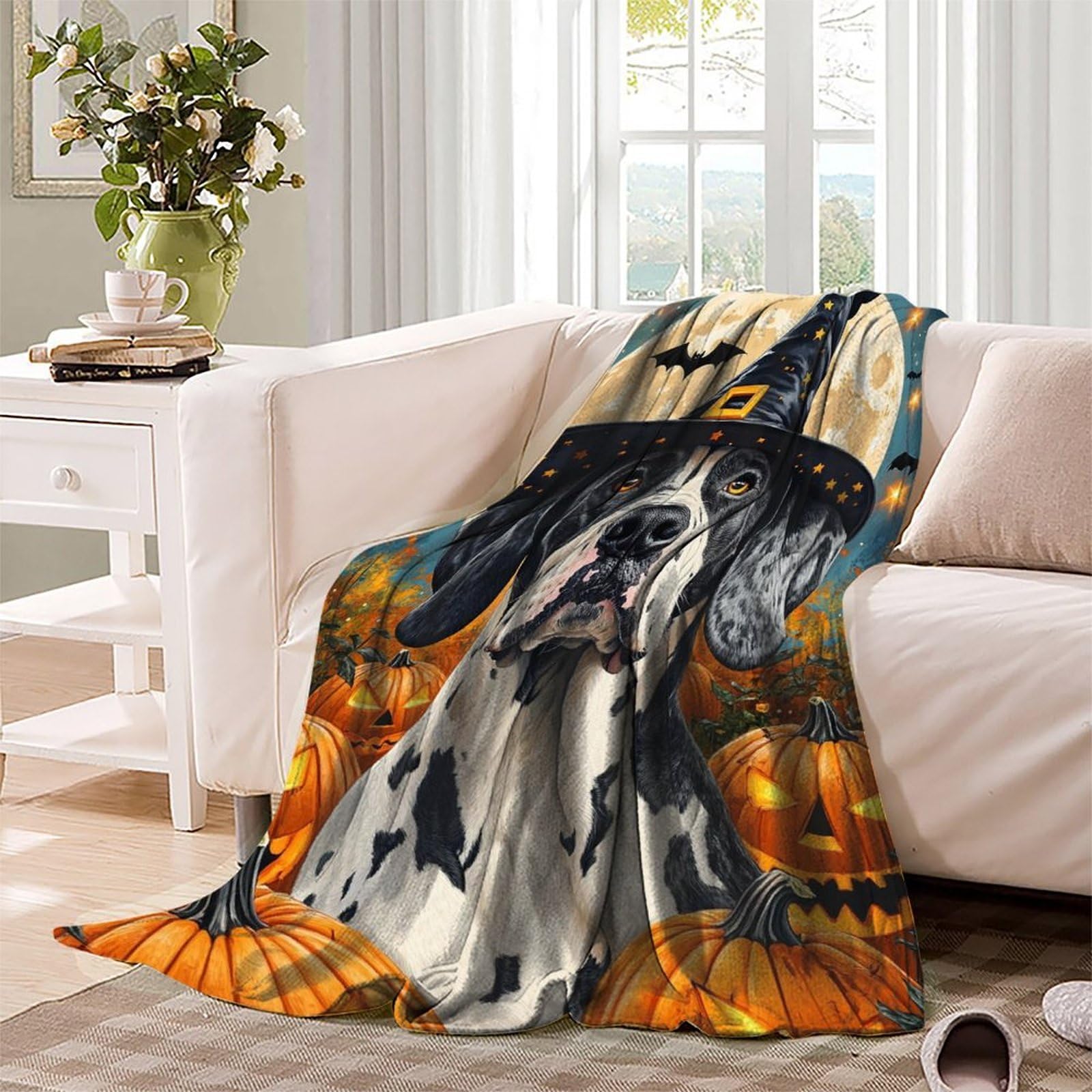 Dalmate Chien Couverture Douillette en Flanelle Polaire 3D Citrouilles éclairées Couverture De Canapé Douce Et Duveteux pour Canapé Et Salon 70x80inch(180x200cm)