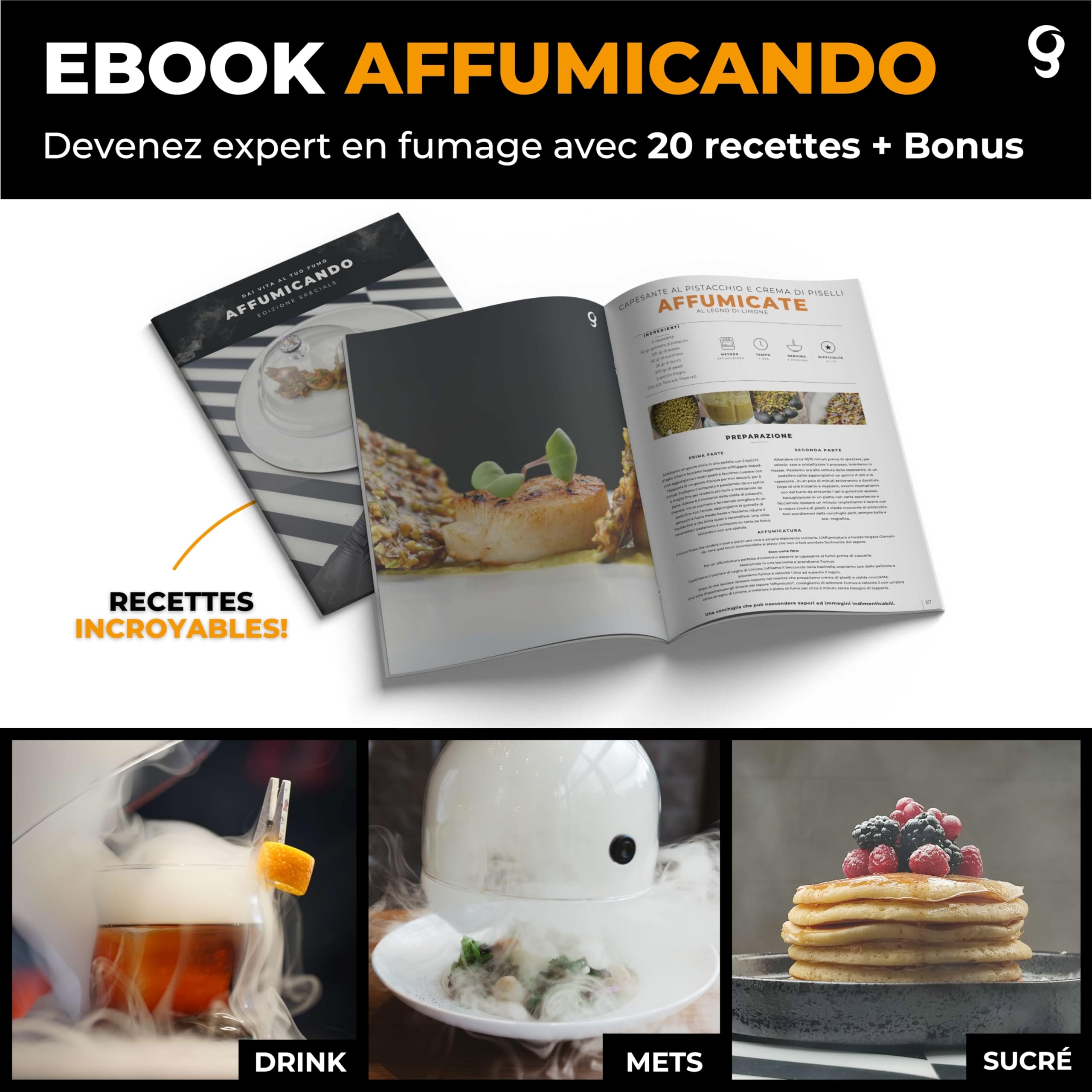 Fumus – Fumoir de Cuisine à Froid – 5 Saveurs de Bois Incluses – Fumoir Viande et Poisson 2 Vitesses – Cocktail Smoker Whisky avec Disque + Livre de Recettes Numérique