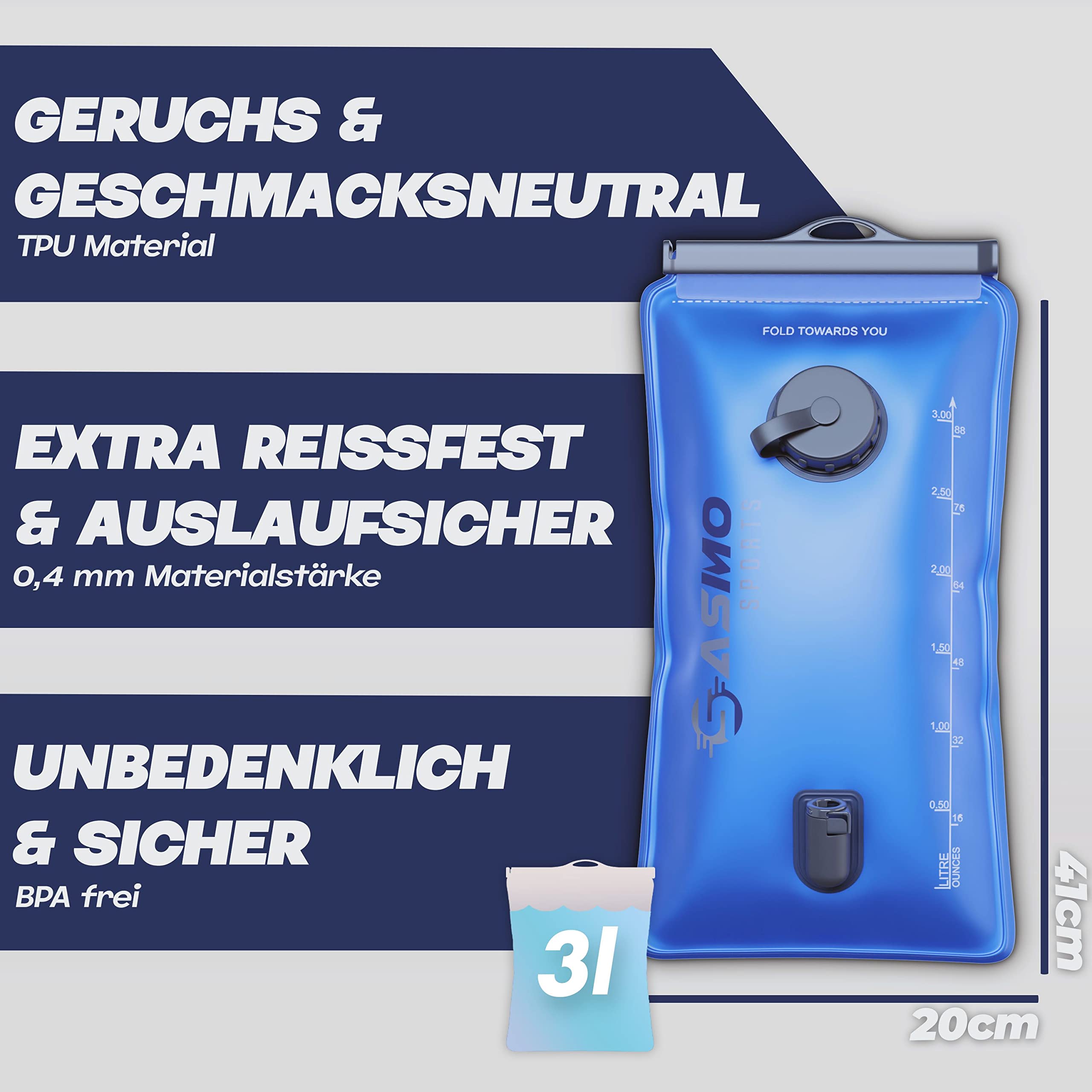 SASMO Bolla d'acqua da 2 l e bolla per bere da 3 l con 2 aperture, rinforzata con materiale resistente agli strappi, 2 l, borsa per zaino con tubo, ultraleggera, zaino per bolla d'acqua, escursionismo