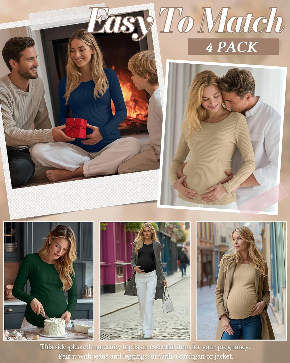 Huukeay 4 Pack Women's Maternity Shirts, Long Sleeve Cotton Ribbed Pregnancy Tops Side Ruched Crew Neck Casual Mama Clothes - Image 2