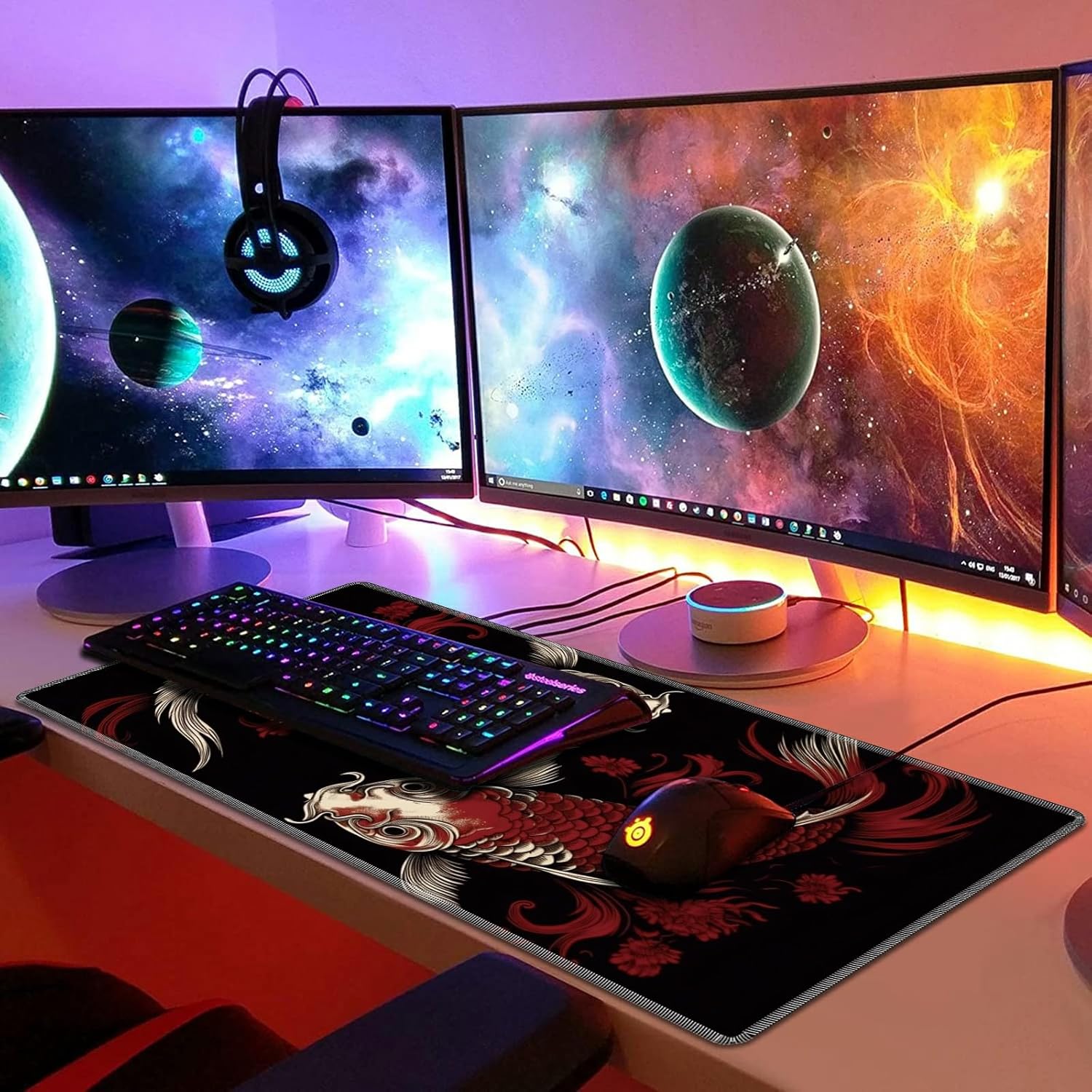 Playmat for MTG, 24 x 14 inches Game Play Mat for MTG TCG and Other Card Games, Trading Card Game Play Mat Desk Mats with Stitched Edges Non-Slip Base, Two Koi Fish