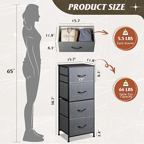 Miniatura 3 de WLIVE - Cómoda con 4 cajones, torre de almacenamiento, unidad organizadora, cómoda de tela para dormitorio, pasillo, entrada, armarios, marco de