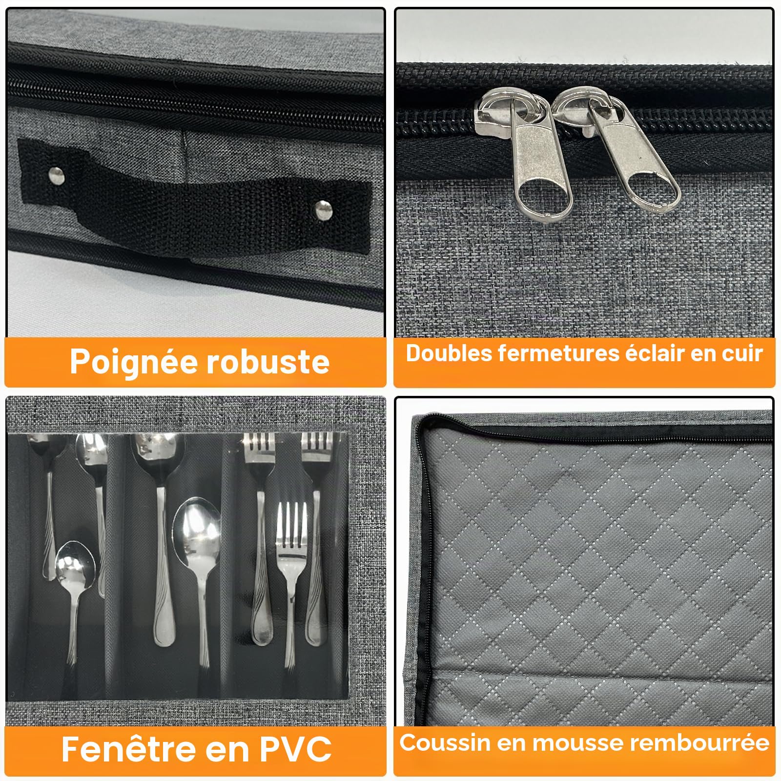 Range Couverts pour Tiroir Avec Couvercle, Boîte de Rangement Couverts de Cuisine Compartiments Réglables, Rangement Cuisine Pour Camping, Voyage, Cuisine, Gris