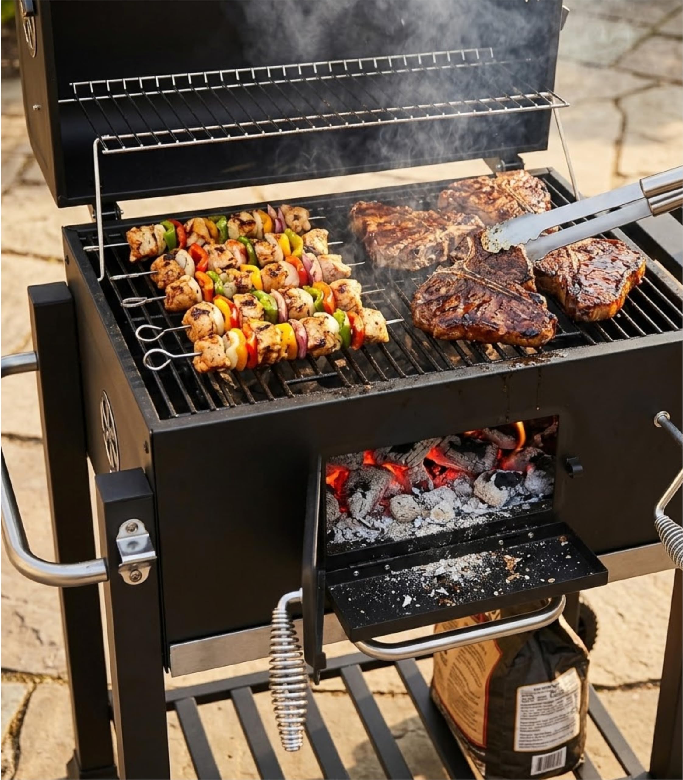 Meridiana Barbecue a Carbonella XXL con Coperchio e Termometro, Griglia in Acciaio Inox