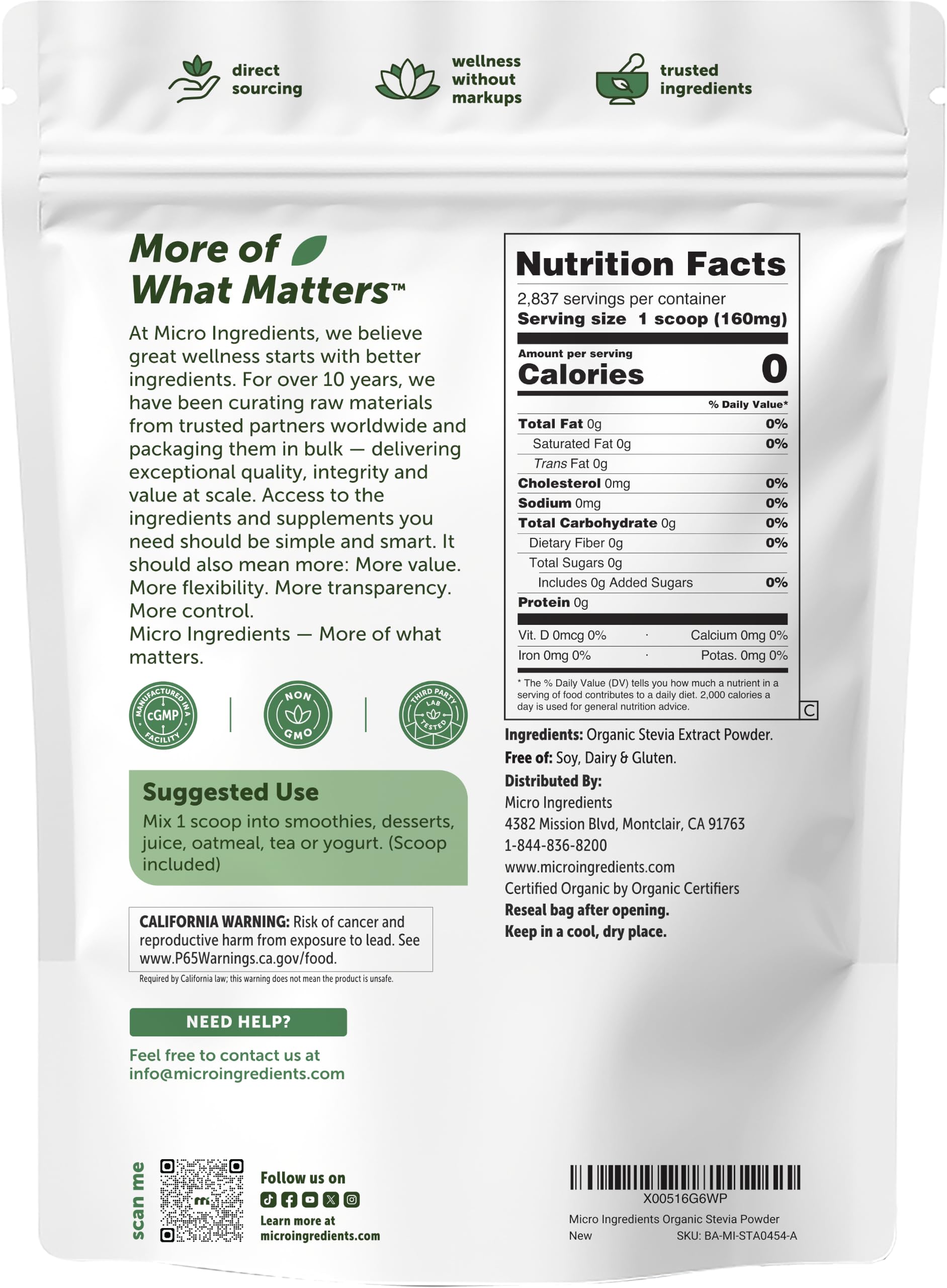 Micro Ingredients Pure Organic Stevia Extract Powder, 1 lb, No Additives | 2837 Servings, Stevia Green Leaf Reb-A, Sugar-Free 0 Calories, Natural Sweetener, Sugar Substitute, Keto & Vegan Friendly — Amazon image 2
