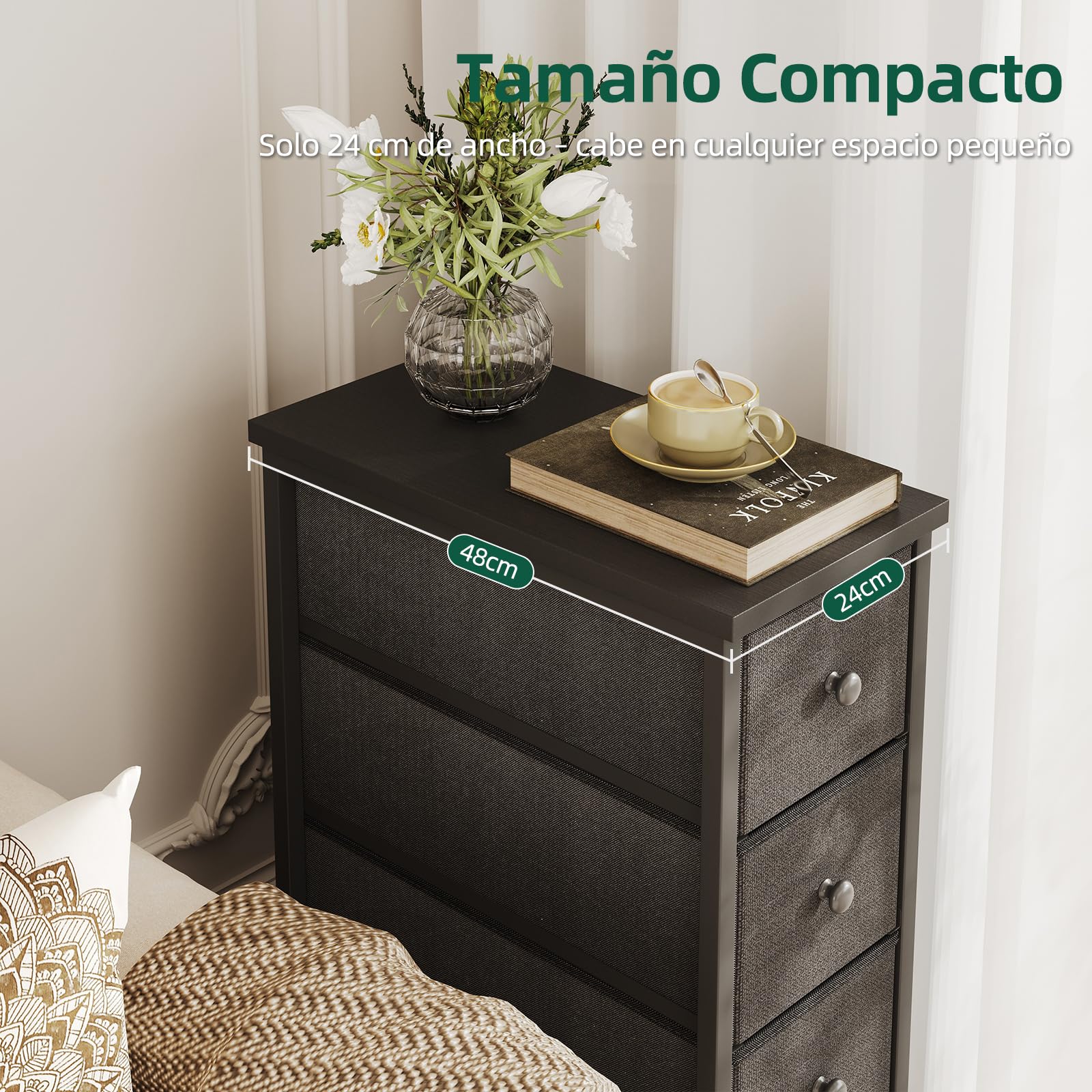 CAIYUN Mesita de noche, mesita con 5 cajones, mesa de sofá, mesilla para salón, dormitorio, marrón vintage-negro tinta (Negro)