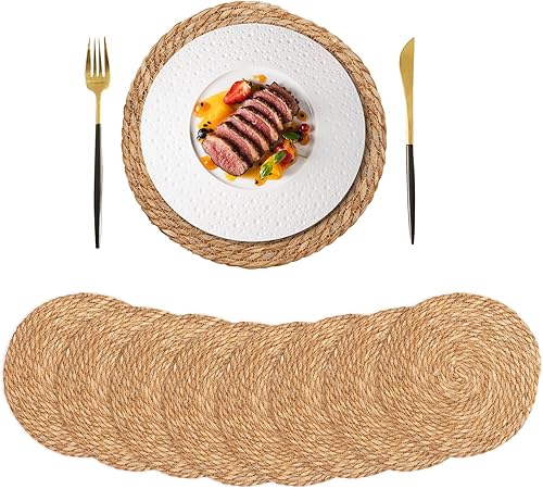Miniatura 10 de Juego de 4 manteles individuales redondos tejidos de 13.7 pulgadas, manteles individuales bohemios de ratán rústico trenzado de mimbre para platos