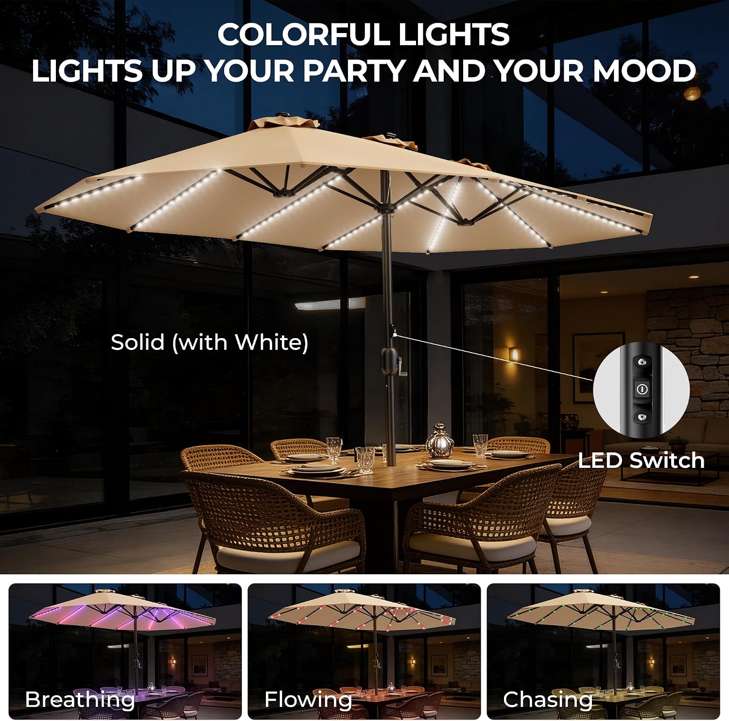 HOMSHADE 15FT Double Sided Umbrella with Light Bar and Base, Rectangle Oversized Patio Umbrellas, Extra Large Outdoor Table Umbrella for Pool, Patio, Garden