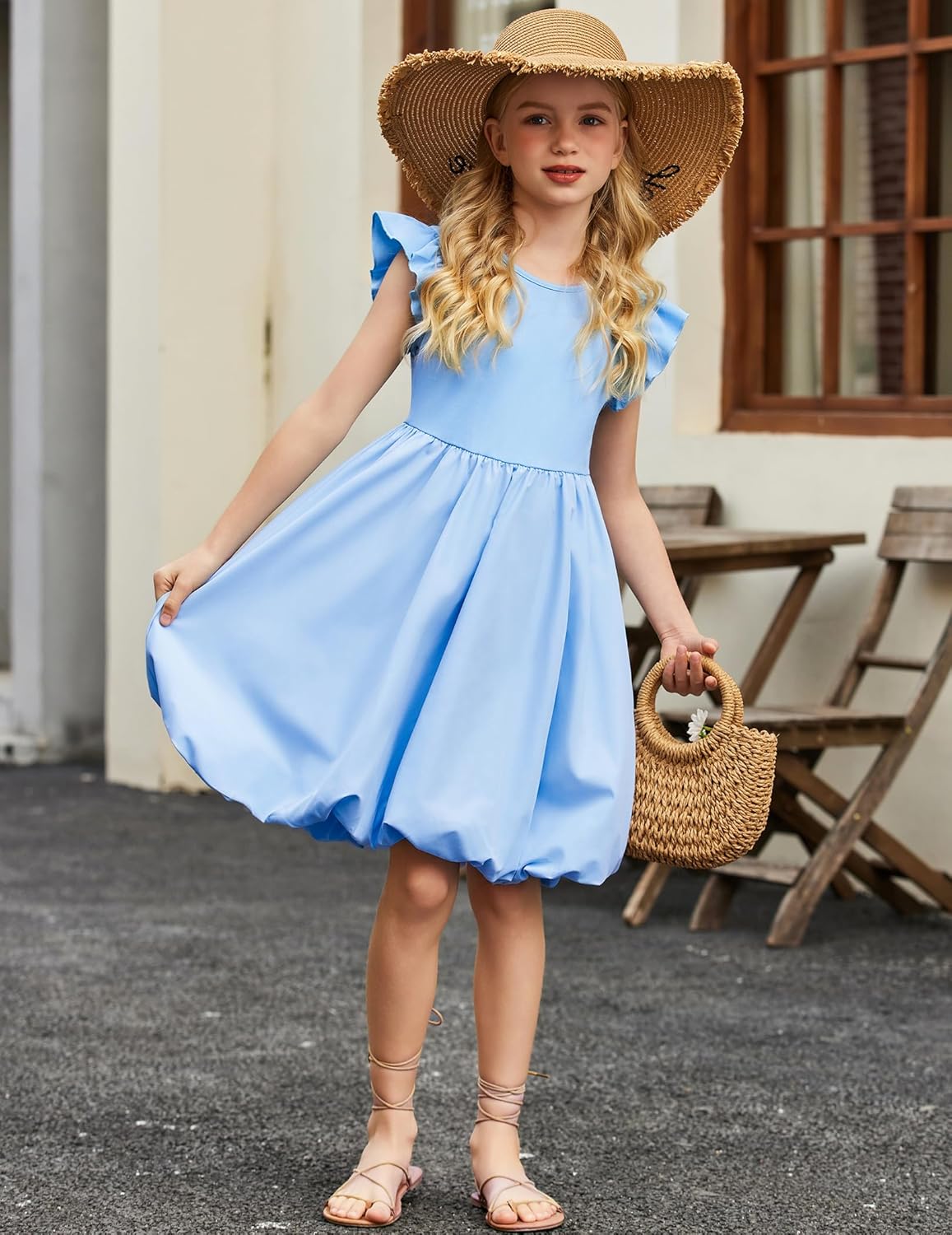 Arshiner Tween Girls Summer Bubble Dress Ruffle Sleeve Casual Party Midi Dresses - Image 2