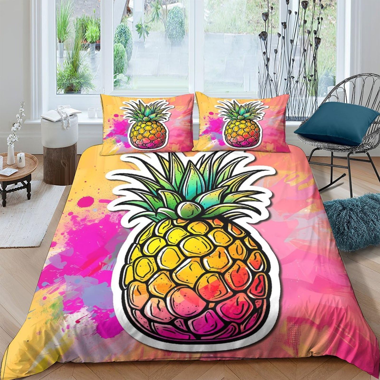 Ctjqhvkz Style-3 3D Printed Vibrant Pineapple Fitted Sheet Microfiber Anti-Slip Tropical Fruit Bed Cover For Bedroom Guest Room Decor Single（135X200cm）
