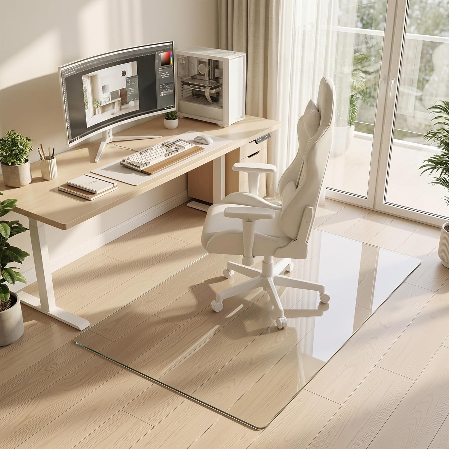 Tempered Glass Chair Mat for Hardwood Floor, 36" x 48" Heavy Duty Glass Office Chair Mat, for Low Pile Carpet, 0.2" Thick with 4 Non-Slip Pads, Smooth Rolling for Home & Office