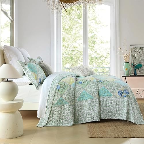 Miniatura 8 de SahSahCasa Juego de colcha de 100% algodón de 120 x 102 pulgadas, tamaño Queen, colcha acolchada tamaño Queen, edredón ligero, 3 piezas, verdeazul