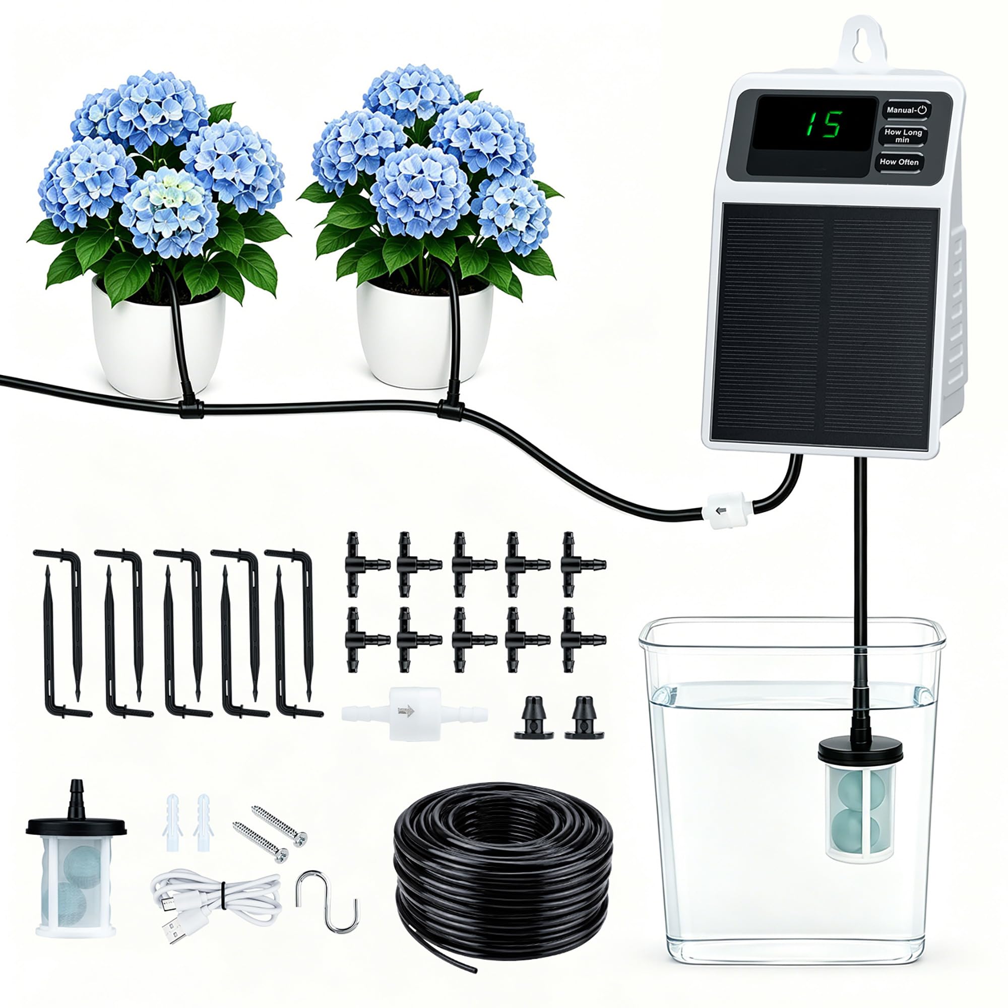 Mcbazel Solar Automatic Drip Irrigation System, Indoor Outdoor Automatic Plant Watering Devices with Timers, IPX5 Waterproof Solar Powered Vacation Plant Care Kit with 35PSI Pump for 10 Potted Plants