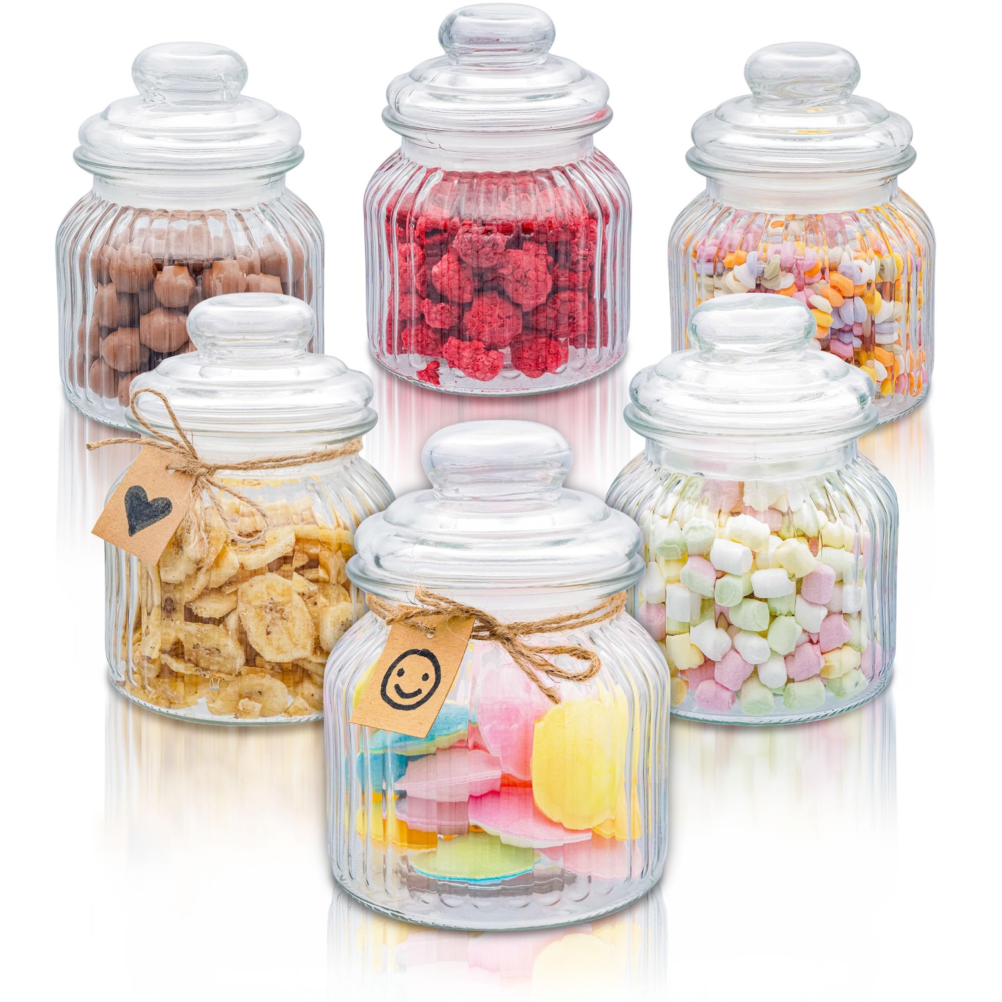Praknu Glass Candy Boxes 700 ml – 6 Vintage Airtight Candy Boxes with Lids and Labels – for Sweets & Biscuits