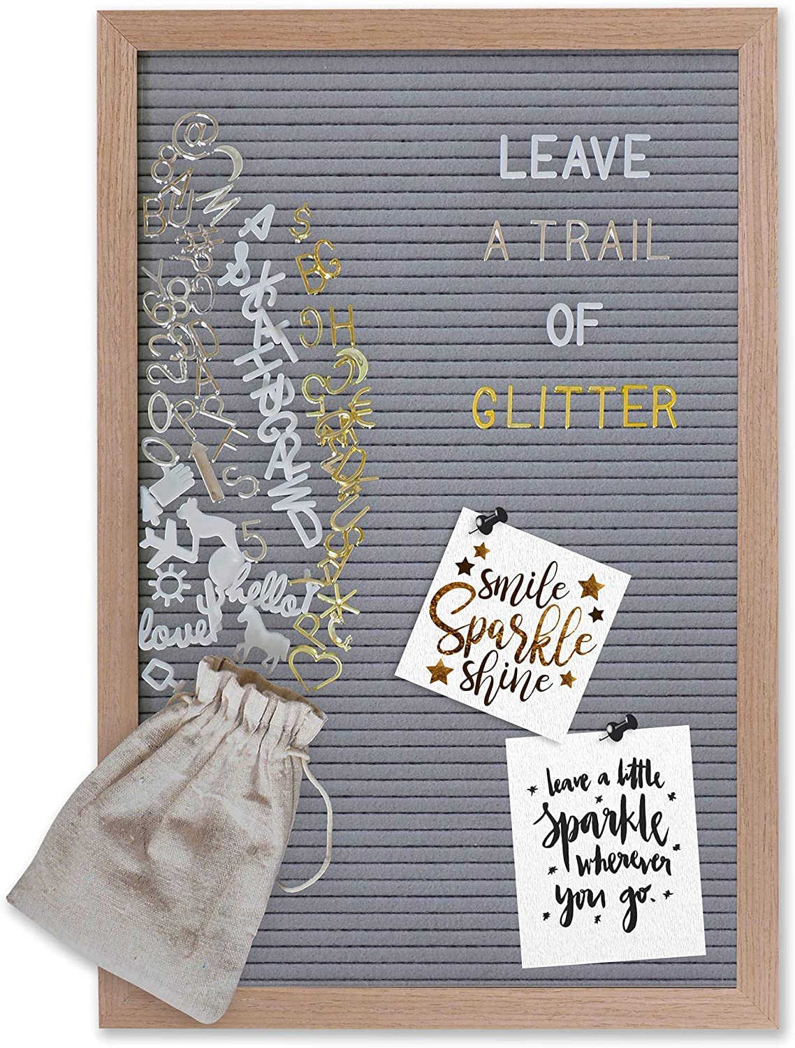 GadgyRetro Letterboard Felt Grey | 30 x 45 cm | MDF + Oak Frame | 510 Letters | 100 Icons | 4 Pins