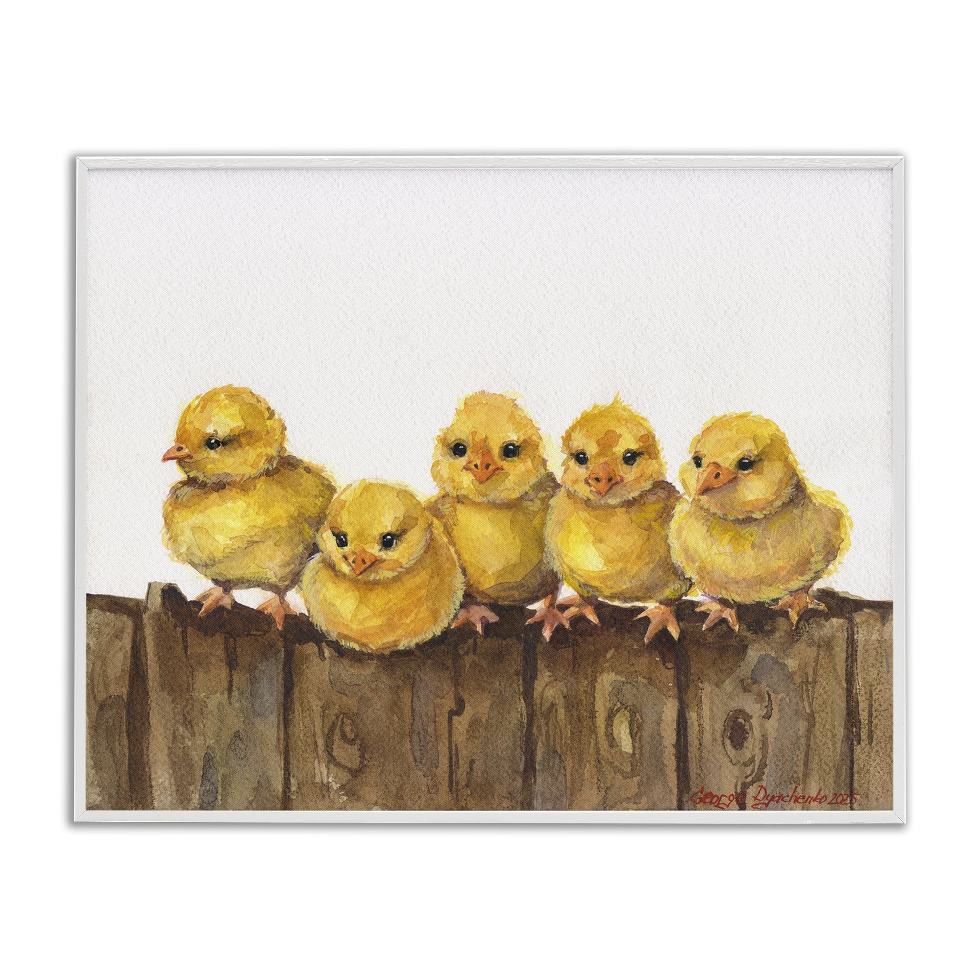 Stupell Industries 'Chicks on the Fence', Framed Giclee Art, White, 14 x 11 Inches, Easy to Hang and Sturdy, Made in USA, by George Dyachenko