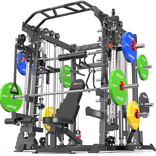 Smith Machine，Multi-Function Squat Rack Power Cage with Cable Crossover System,with Optional Weight Bench, Olympic Barbell Weight Set, for Home Gym