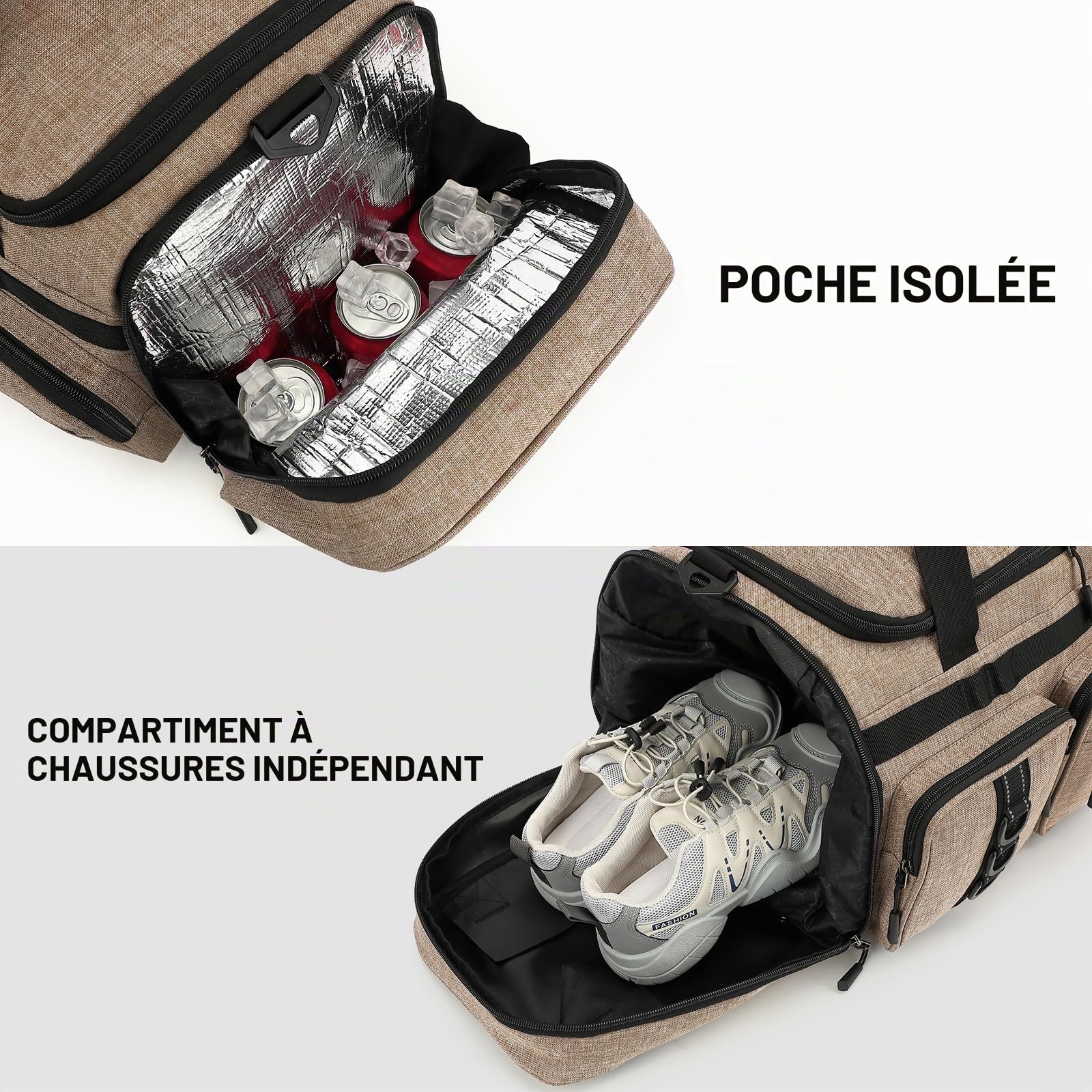 Sac de Sport Homme Femme 50L Sac de Voyage avec Compartiments Chaussures, Compartiment Isotherme et Humide Convertible en Sac à Dos pour Fitness Natation Voyages Weekender Camping (Marron)