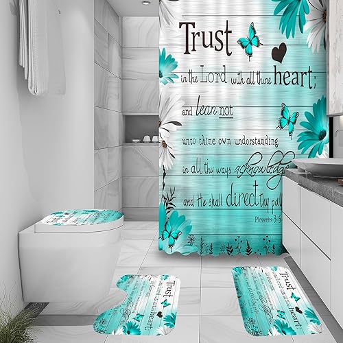 Miniatura 3 de ALEXEX Juego de 4 cortinas de ducha con versículo azul, citas inspiradoras, juego de baño con cortina de ducha y alfombras y accesorios, cortina de