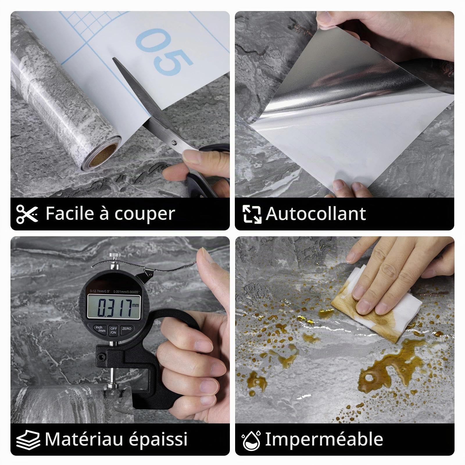 wishFIRE Papier Peint Adhesif Mural Marbre Gris Argent (40x500cm) – Aspect Marbre Épais Autocollant & Imperméable, Feuille Vinyle Brillant Haute Pour Cuisine & Meubles