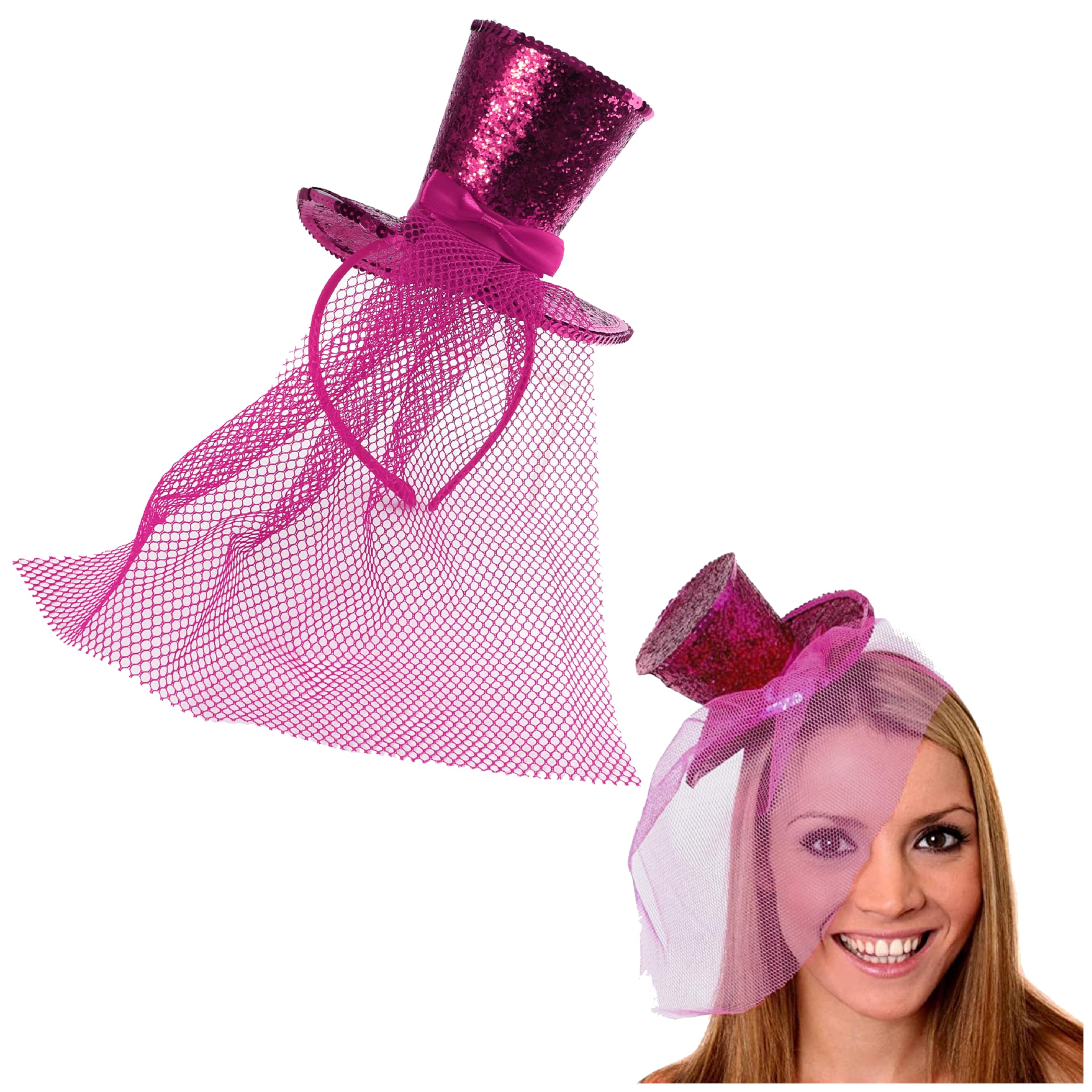 Ladies Glitter Top Hat - Pack of 1 - Mini Pink Sequin Top Hat with Matching Fascinator Veil - Ladies Halloween Christmas Fancy Dress Costume Accessory — image 1