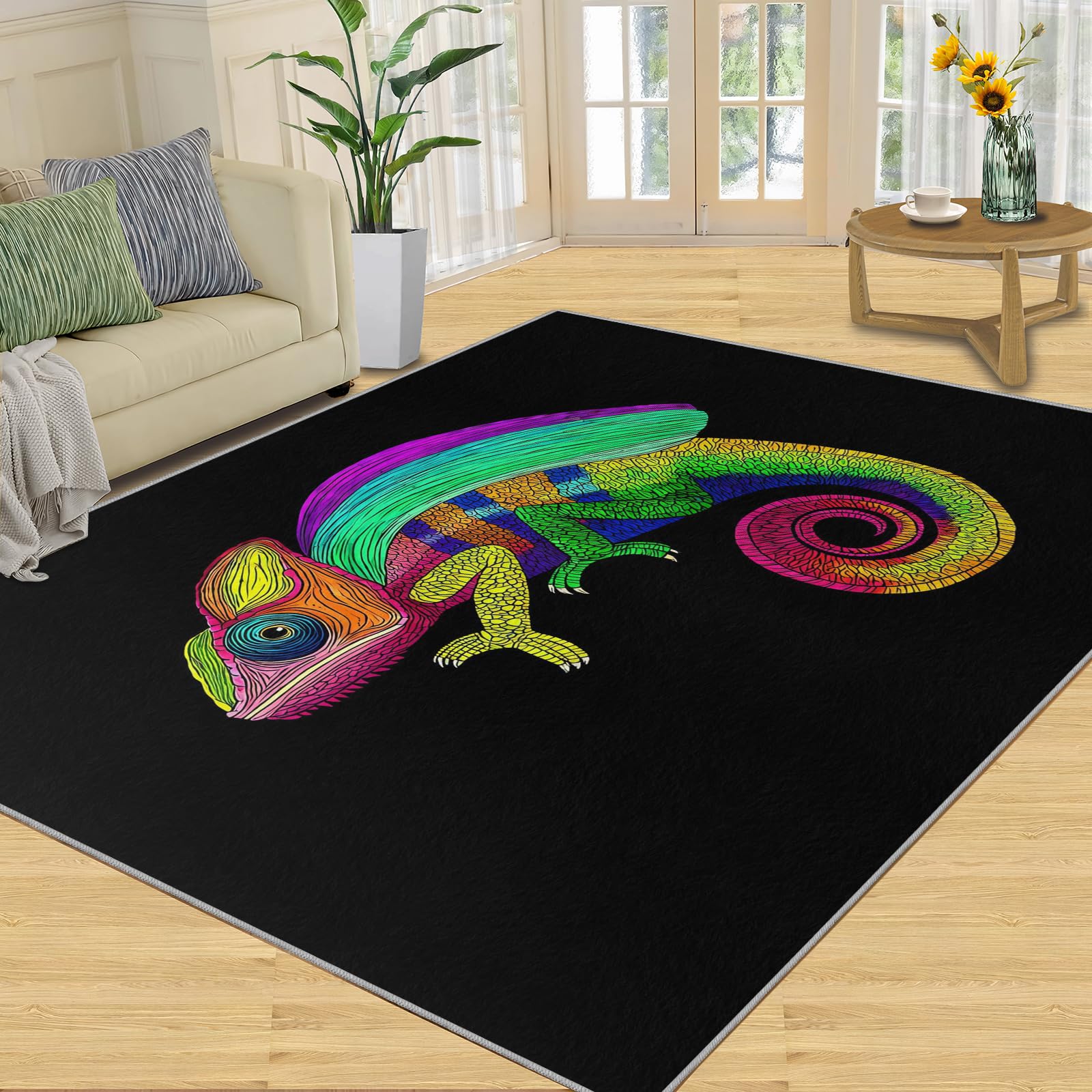 KAMOIYI Cartoon Colorful Gecko Lizard Area Rug 2x3ft Colorful Reptile Chameleon Bedroom Rug Aztec Tribal Gecko Lizard Living Room Rug, Indoor Non-Slip