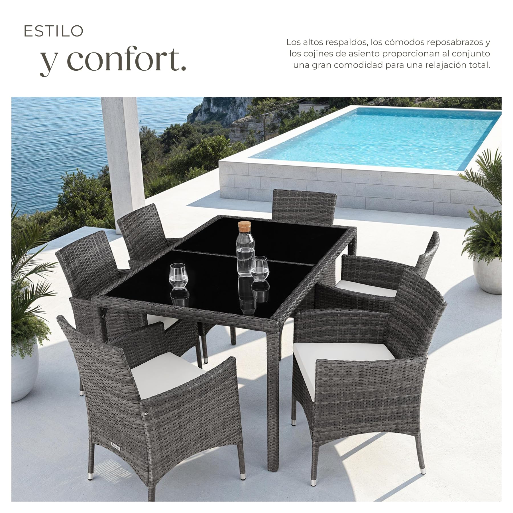 tectake® Conjunto Jardín Exterior de Ratán y Aluminio, Muebles Jardín Exterior Resistentes a Intemperie, para hasta 6 Personas, con Tornillos de Acero INOX. y Funda Protectora - Gris