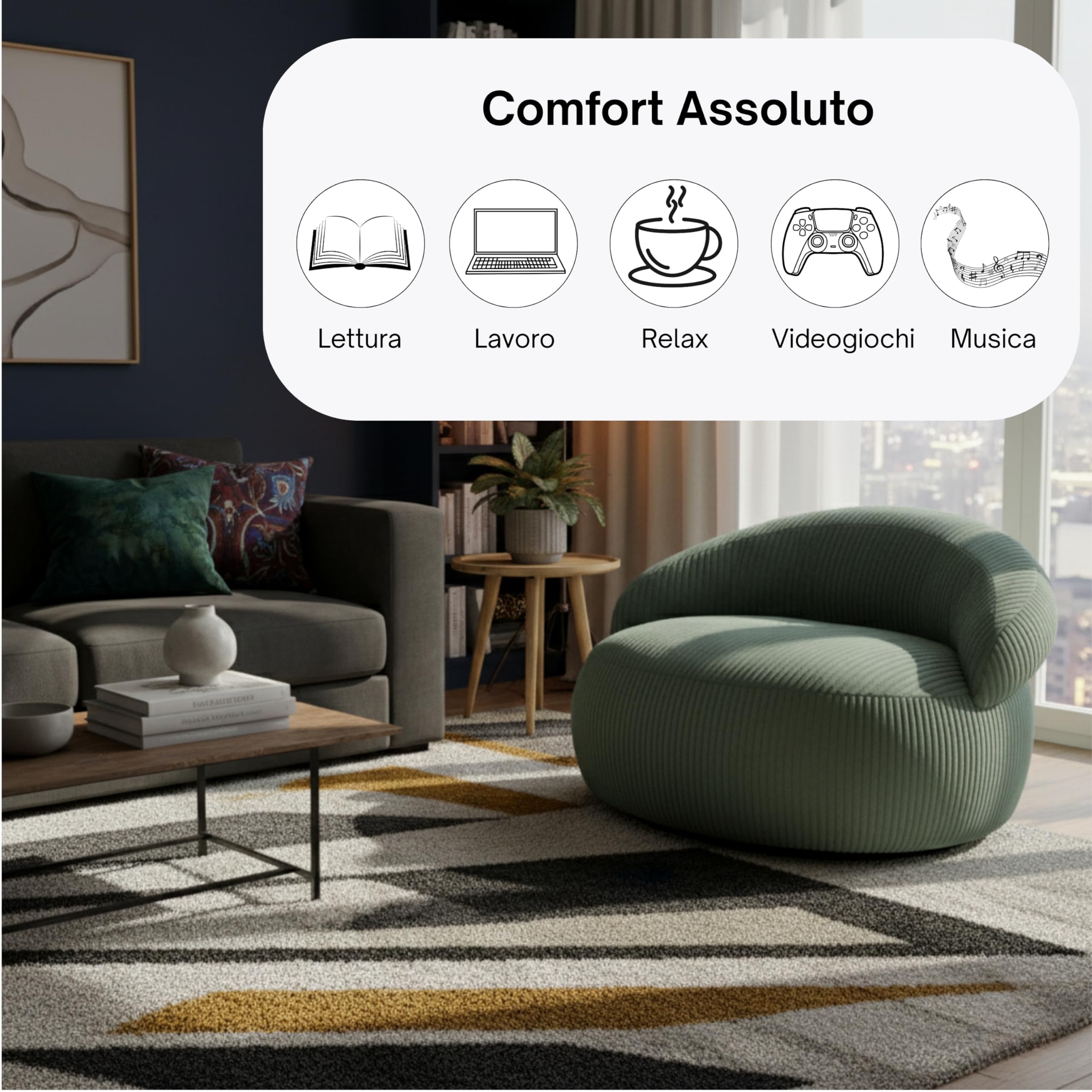 bananair – Pouf Poltrona Soggiorno e Camera in Velluto a Coste - Pouf Gigante XXL Morbido ed Elegante - Rivestimento lavabile in lavatrice - Ideale per Adulti, Adolescenti (110 × 100 cm, Verde)