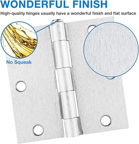 Miniatura 9 de Paquete de 18 bisagras cuadradas de latón satinado de 3.5 x 3.5 pulgadas, bisagras de puerta interiores de 3 12 pulgadas, bisagras cuadradas de