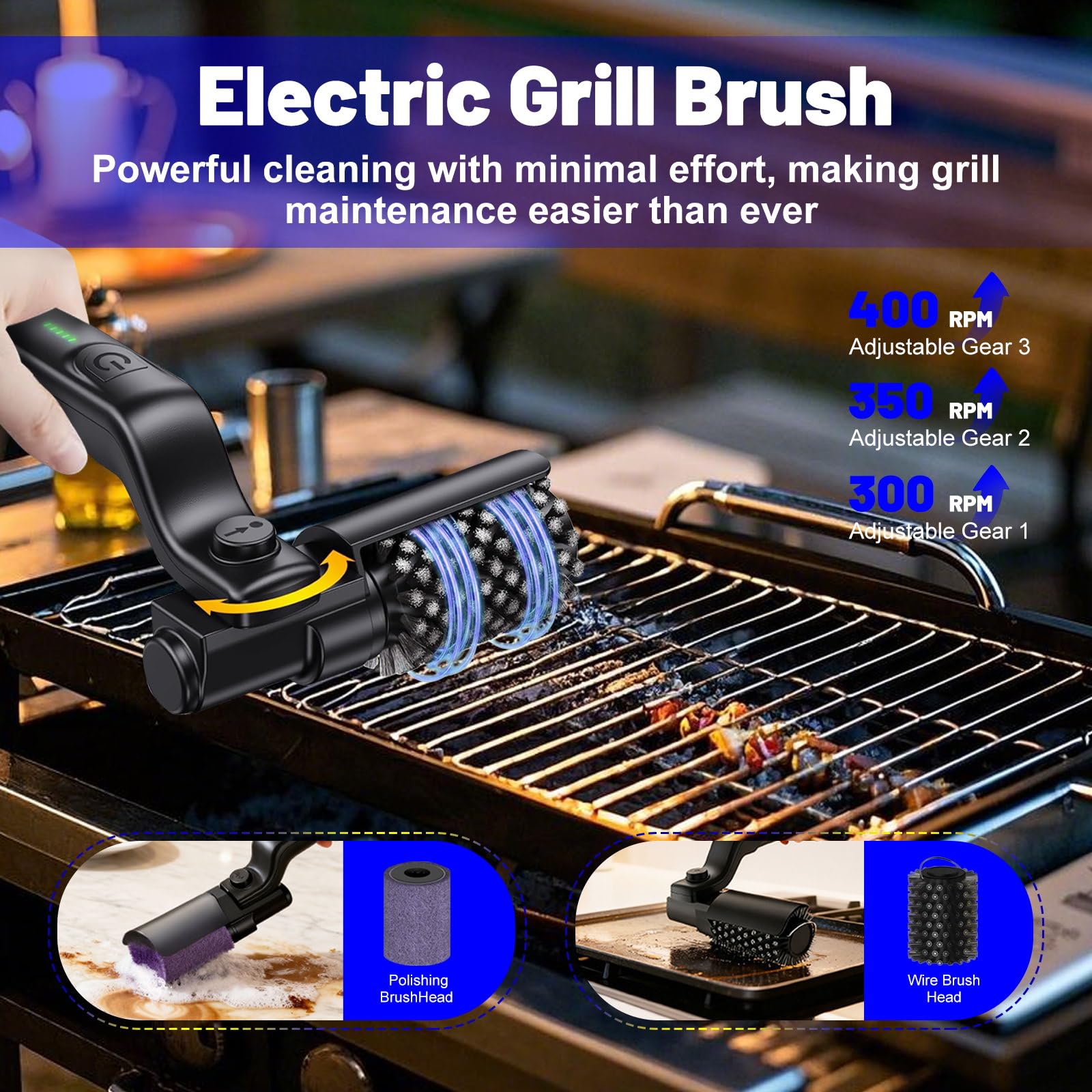 Spazzola Elettrica per Barbecue con Braccio a 180°, 2 Testine, Ricaricabile Senza Fili – Pulisce Griglia Bbq Elettrico con Paraspruzzi – Grill Brush Elettrico per Cucina e Barbecue
