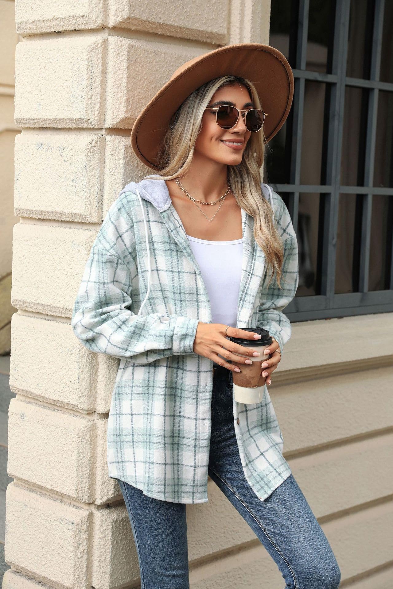 Damskie bluzy z kapturem zapinane na guziki ze sznurkiem, retro zielone paski kardigan w kratkę kurtka na co dzień luźny krój odzież wierzchnia bluza z kapturem top płaszcz lekka bluzka