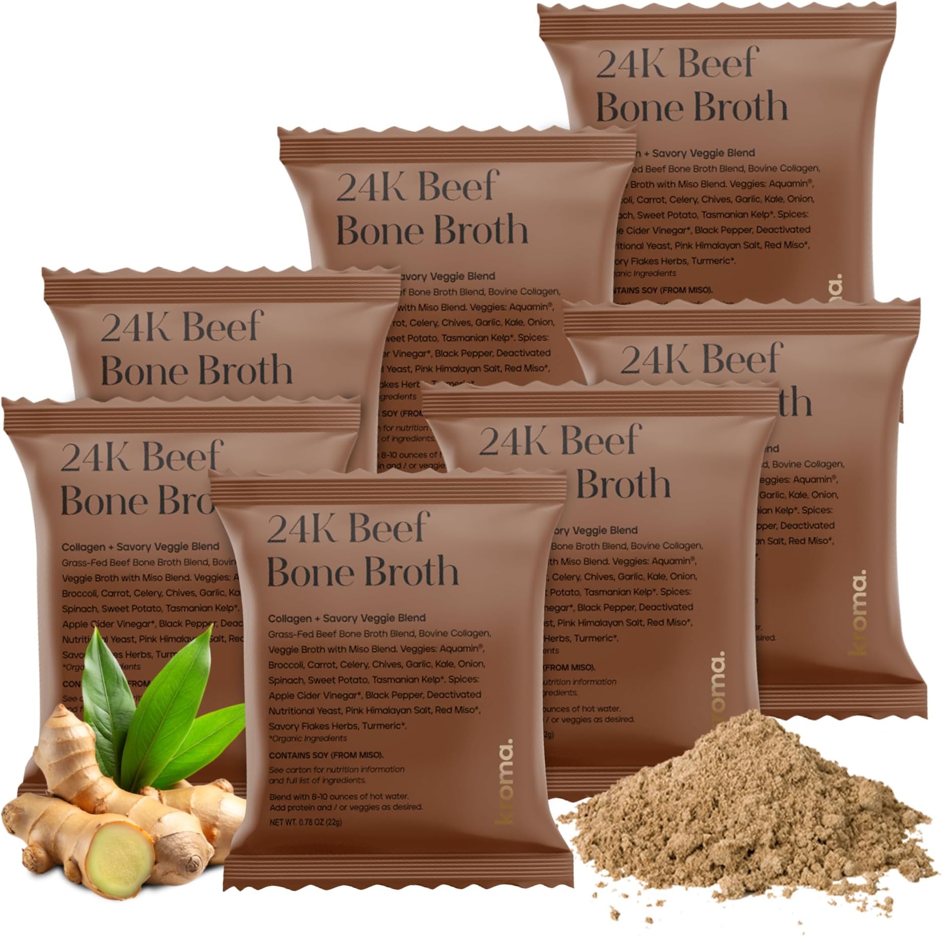Kroma 24K Beef Bone Broth Powder, 7 Packets, 7 Servings, 5.46 Oz – 100% Grass Fed Gluten Free Powder - Collagen-Rich High Protein Broth w/Organic Ingredients - Animal Based Protein for Gut Health