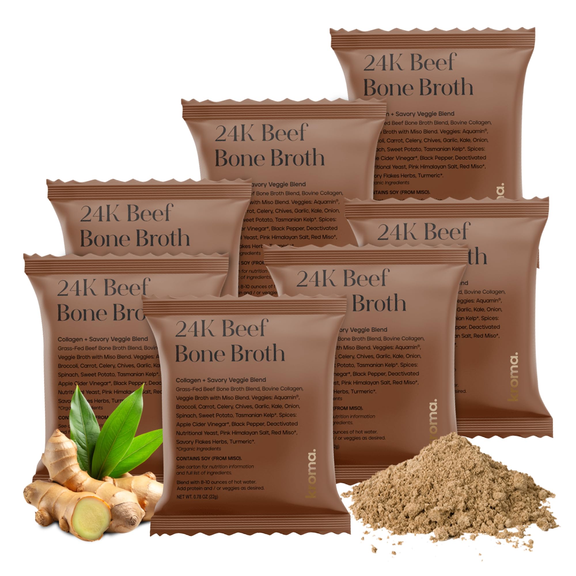 Kroma 24K Beef Bone Broth Powder, 7 Packets, 7 Servings, 5.46 Oz – 100% Grass Fed Gluten Free Powder - Collagen-Rich High Protein Broth w/Organic Ingredients - Animal Based Protein for Gut Health