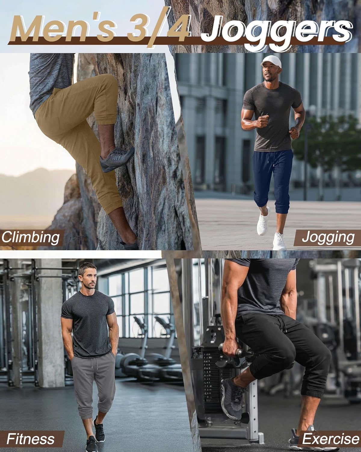 4 Pack Men's 3/4 Joggers Capri Pants Athletic Sweatpants Gym Workout Drawstring Below Knee Pants with Pockets