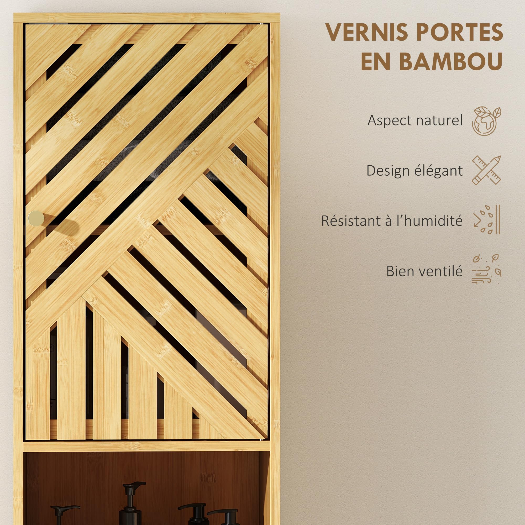 HOMCOM Armoire Salle de Bain Haute 32x30x170cm Bois Naturel | Meuble Colonne de Rangement, Portes et Pieds en Bambou, Niches Ouvertes, Étagères Réglables, Meuble Étroit pour Toilette