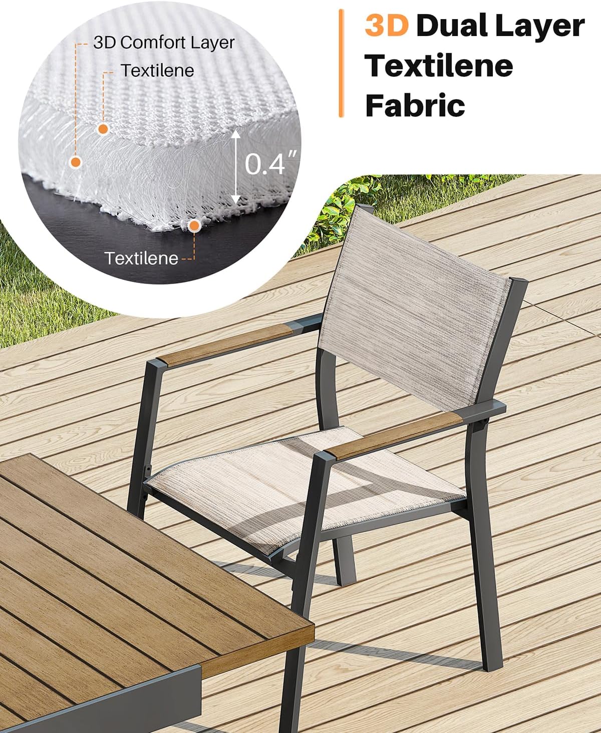 Stackable Patio Chairs Set of 4, Never-Rust Aluminum Outdoor Dining Chairs, Outdoor Stacking Dining Chairs Patio Dining Chair with Double-Layer Thickened Textilene for Deck, Garden, Teak