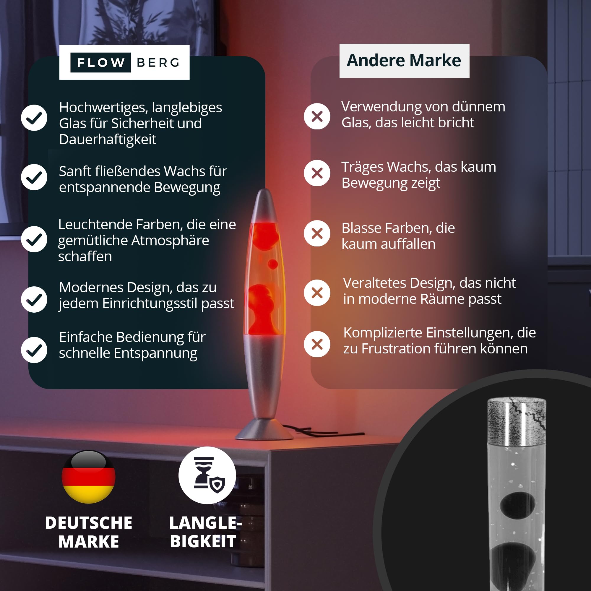 Lavalampe (rot) | Rote Wachslampe | Originell und handliche Tischlampe mit 1,7 m Kabel & Ersatzleuchtmittel | Retro-Design