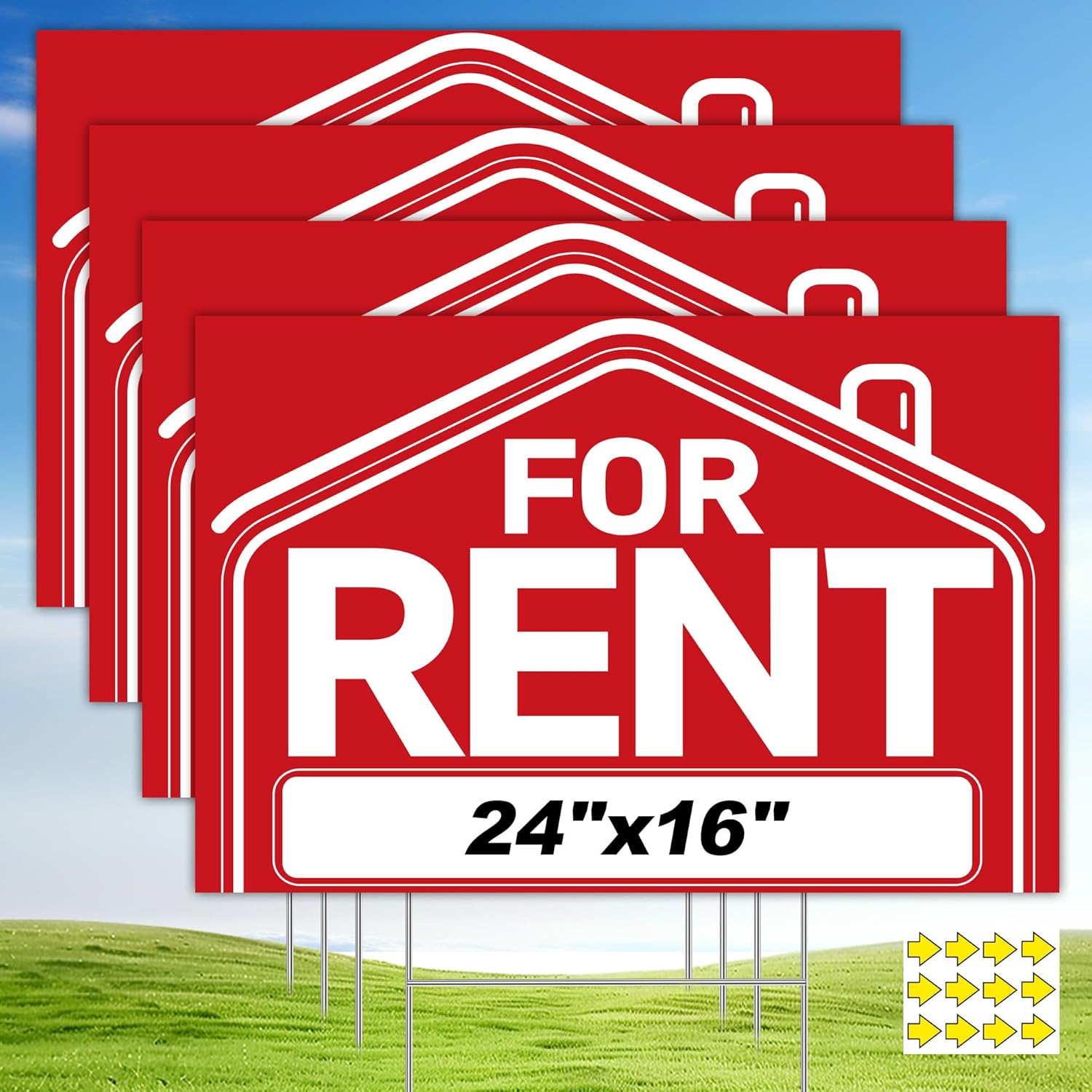 For Rent Sign with H-Stake - 4-Pack Extra Large For Rent Signs, 24x16" Double Sided Rent Signs with 12 Arrow Stickers & Adhesive Pads, Weatherproof Corrugated Plastic Yard Kit and Supplies