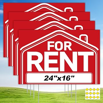 ComboJoy For Rent Sign with H-Stake - 4-Pack Extra Large For Rent Signs, 24x16" Double Sided Rent Signs with 12 Arrow Stickers & Adhesive Pads, Weatherproof Corrugated Plastic Yard Kit and Supplies