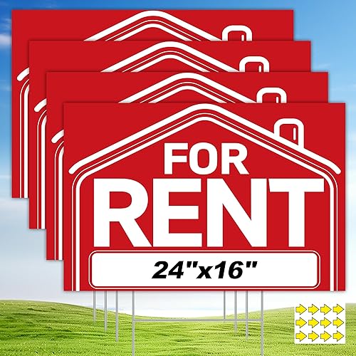 For Rent Sign with H-Stake - 4-Pack Extra Large For Rent Signs, 24x16" Double Sided Rent Signs with 12 Arrow Stickers & Adhesive Pads, Weatherproof Corrugated Plastic Yard Kit and Supplies