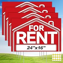 For Rent Sign with H-Stake - 4-Pack Extra Large For Rent Signs, 24x16" Double Sided Rent Signs with 12 Arrow Stickers & Adhesive Pads, Weatherproof Corrugated Plastic Yard Kit and Supplies