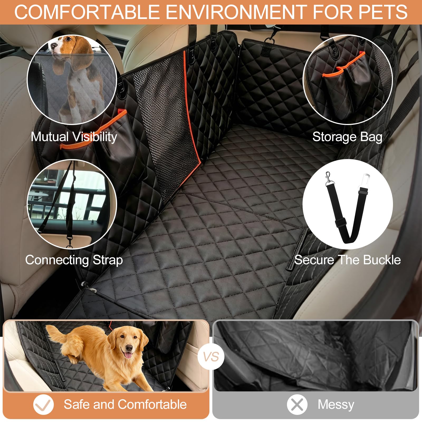 Coprisedile Auto per Cani, 135x44x36cm, Telo Auto per Cani, Telo Macchina per Cani, Telo Cane Auto Sedili Posteriori, con Rete di Prospettiva e Sacchetto, per Auto, SUV, Camion, Nero