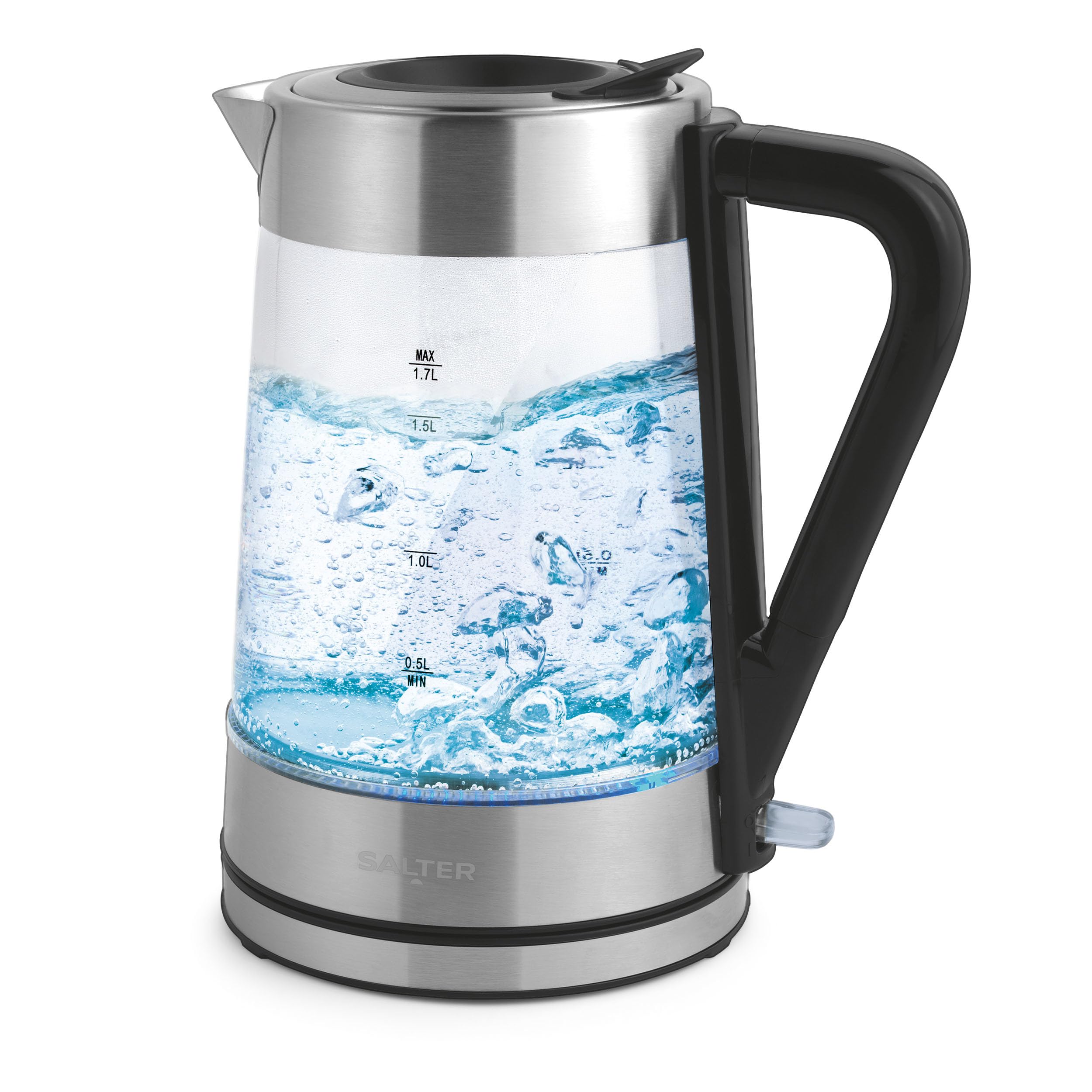 Salter Hervidor de vidrio que cambia de color - 1,7 L, iluminación LED de azul a rojo, tapa de presión de agua de fácil llenado, filtro antical, sin BPA, sensor de ebullición en seco, EK5078SSFVDE