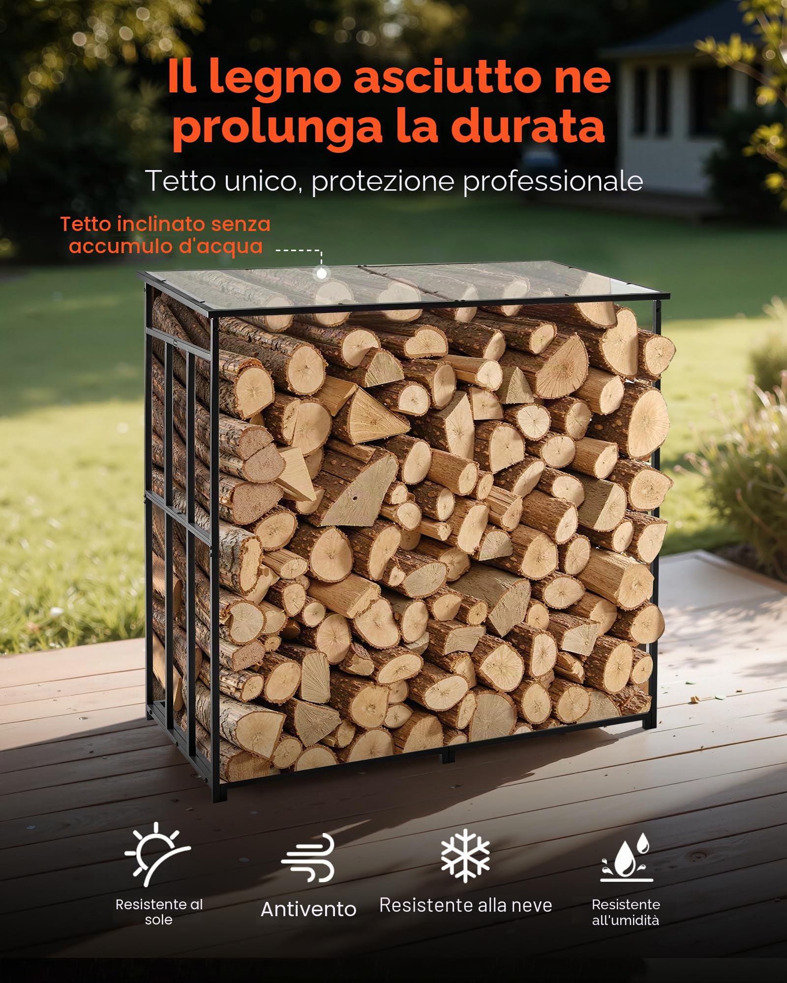 VEVOR Portalegna con Tetto Spiovente, da Esterno da 1850 mm, Capannone per Legna da Ardere con Cavo, Capacità 299,4 kg, Portalegna in Metallo Verniciato a Polvere, per Camino Terrazza Giardino