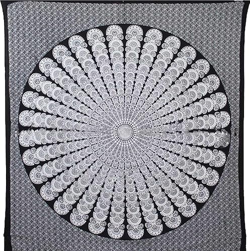 Miniatura 2 de Tapiz hippie indio bohemio psicodélico dorado azul pavo real mandala colgante en la pared (negro blanco, King (88 x 104 pulgadas) (88.6 x 104.3in)