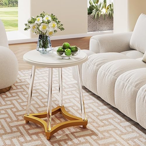 Miniatura 7 de LITTLE TREE Mesa auxiliar redonda, moderna mesa auxiliar blanca con patas acrílicas, pequeña mesa redonda decorativa para espacios pequeños, sala de